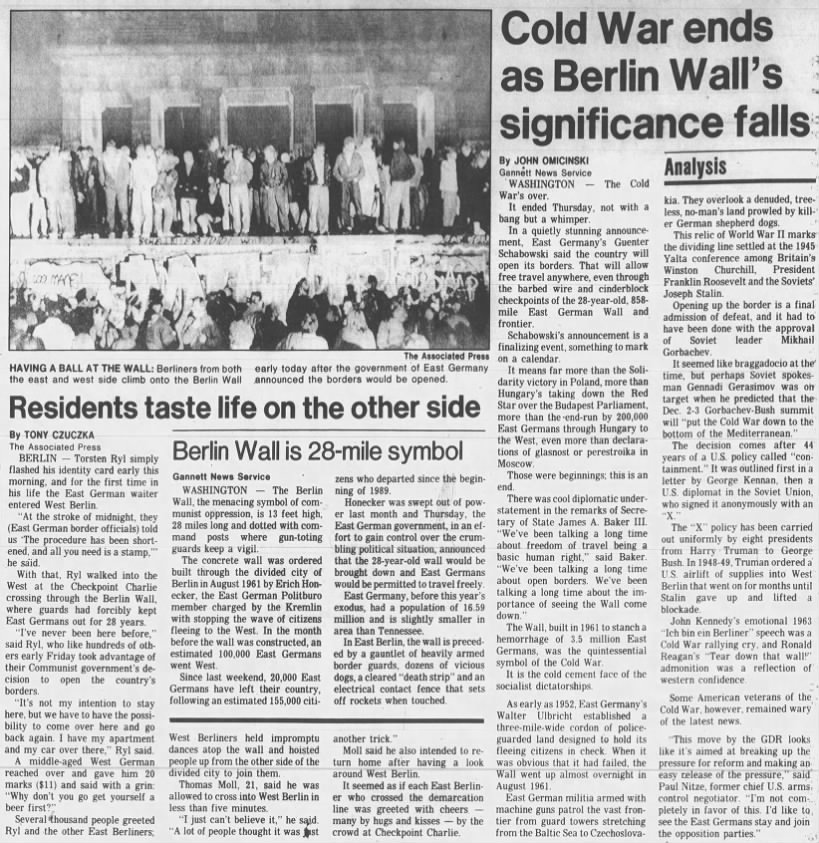 "Cold War ends as Berlin Wall’s significance falls" in 1989