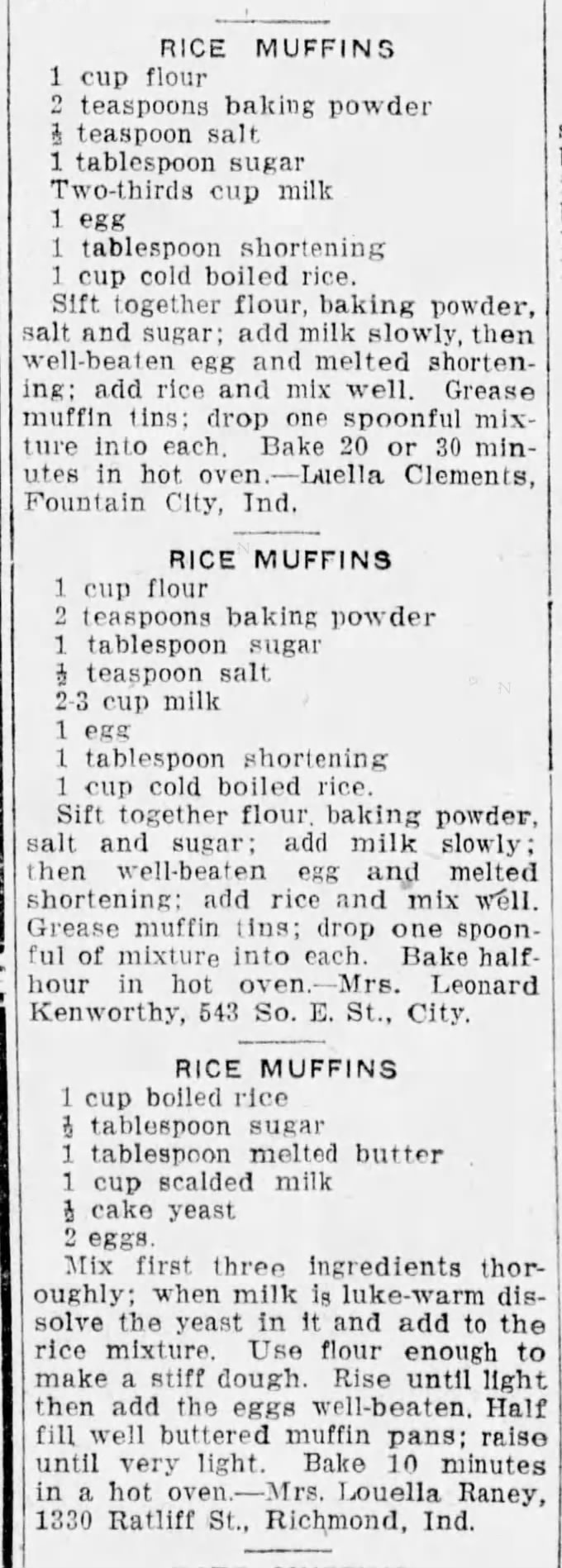 3 Recipes for Rice Muffins (1923)