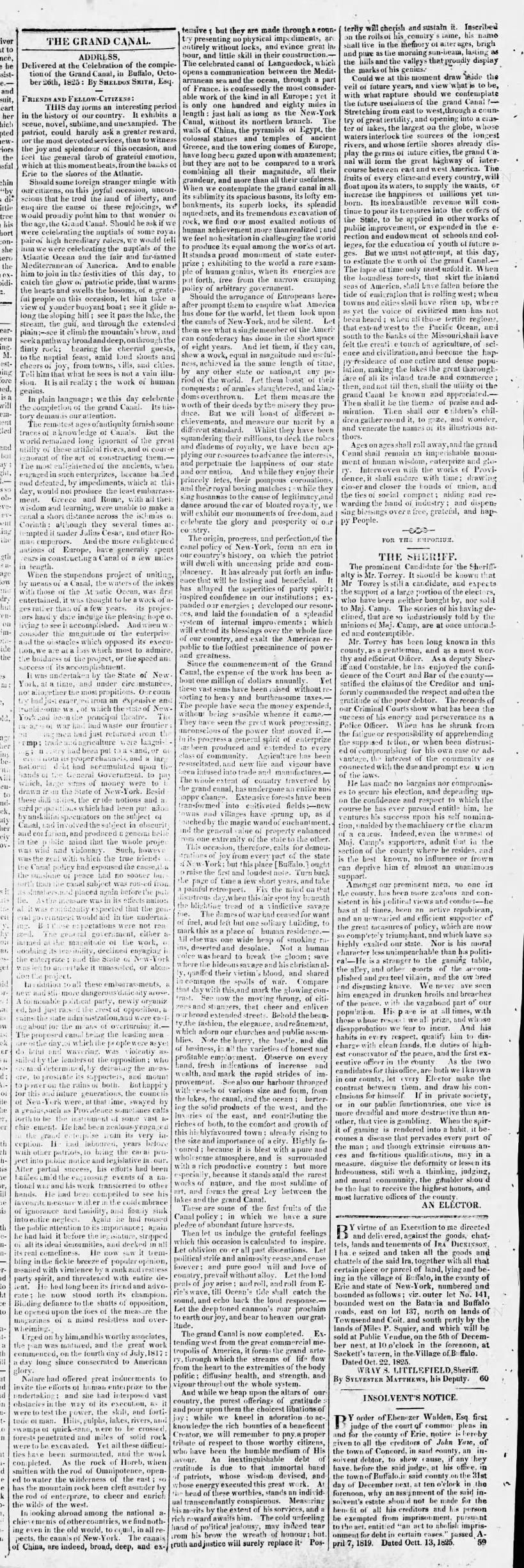 Newspaper prints speech given by Buffalo lawyer Sheldon Smith about opening of the Erie Canal