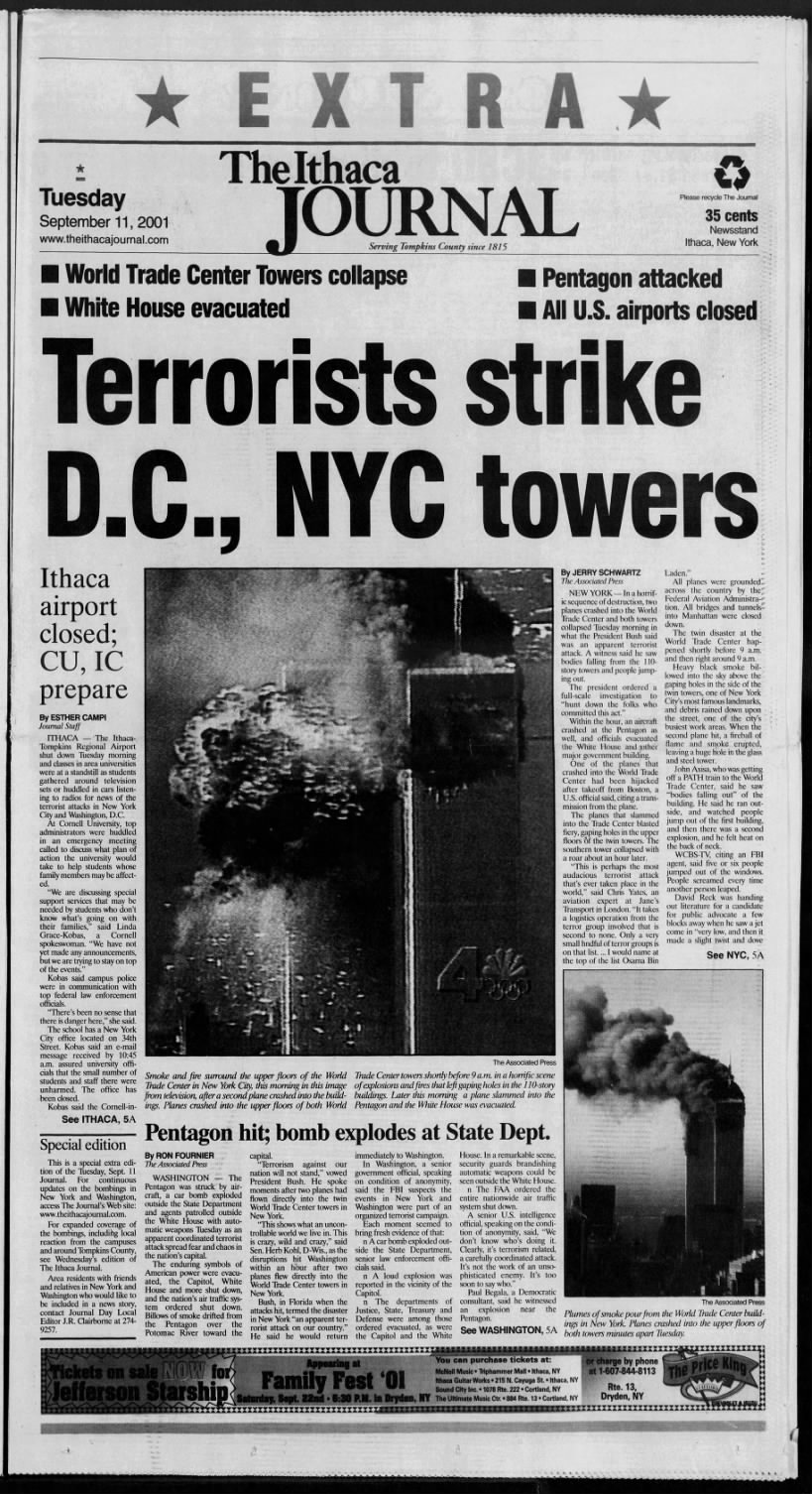 Front page news coverage of the September 11th (9/11) terrorist attacks