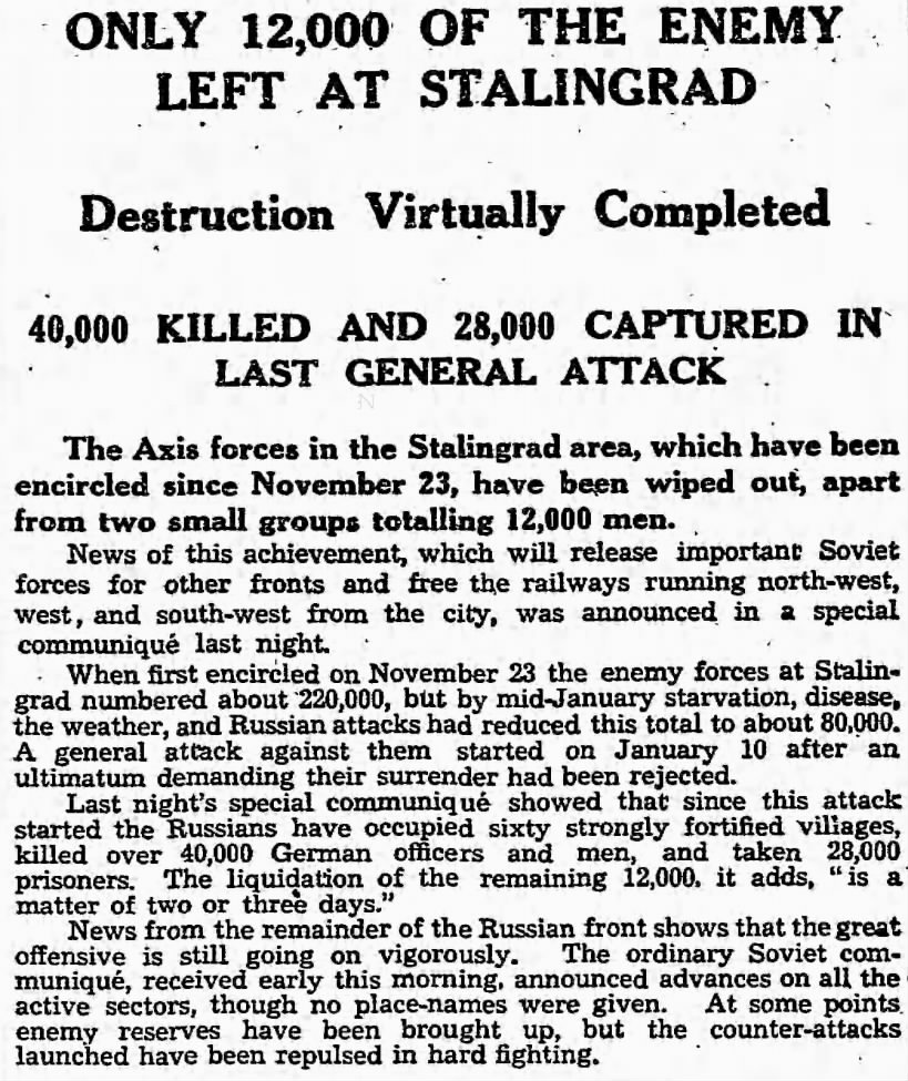 12,000 Germans left in Stalingrad after 40,000 were killed and 28,000 captured during the battle