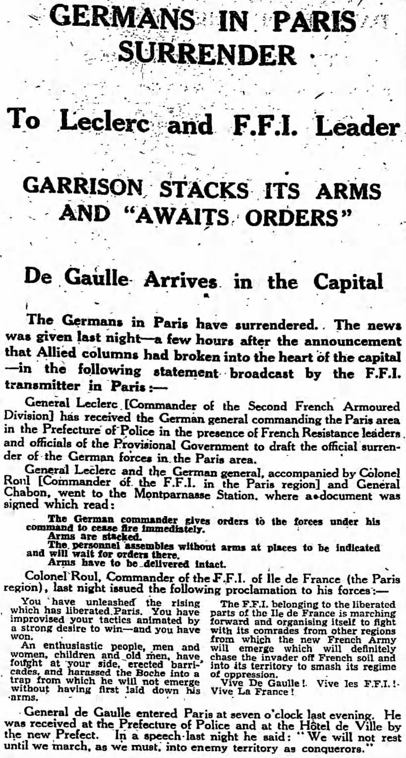 Germans in Paris surrender to Leclerc and FFI, de Gaulle arrives, makes speech, August 1944