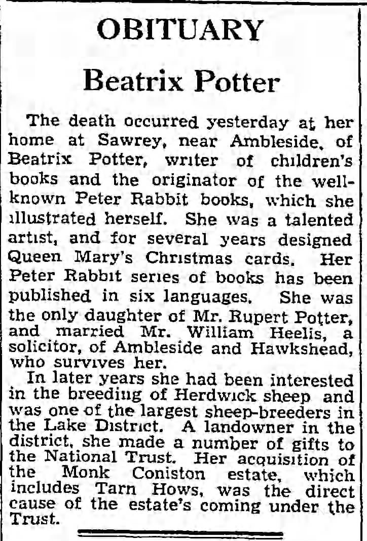 1943 obituary for Beatrix Potter speaks of her author career, conservation, and sheep breeding