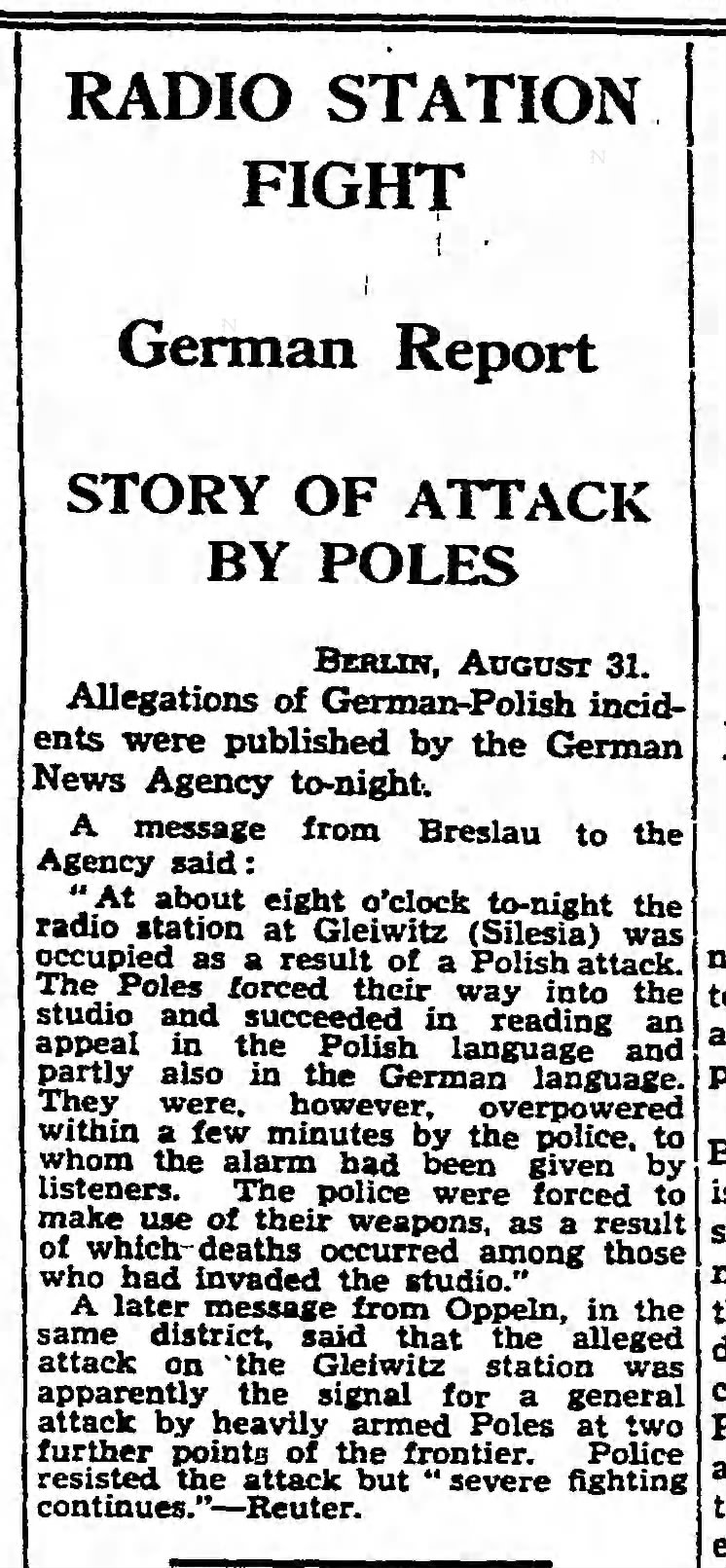 German news report of the Gleiwitz incident, a false flag attack the day before the invasion