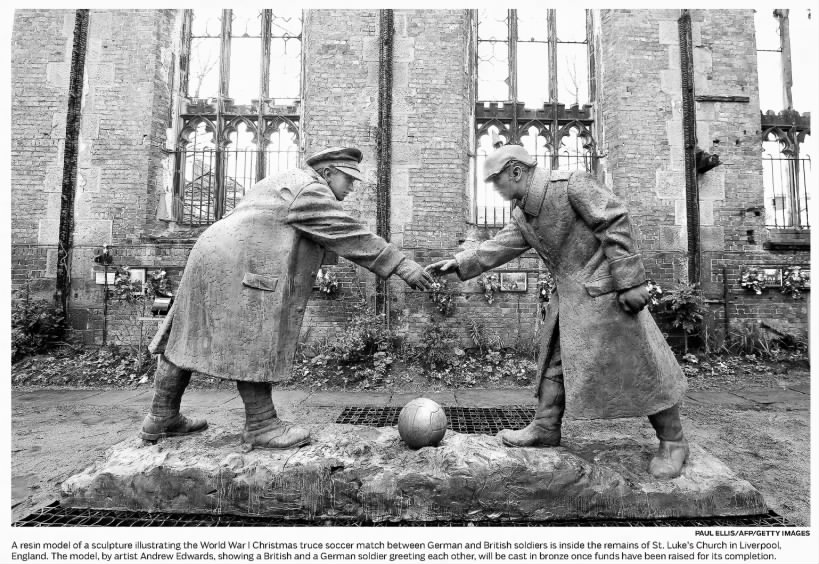 Model of the World War I Christmas truce soccer match between German and British soldiers