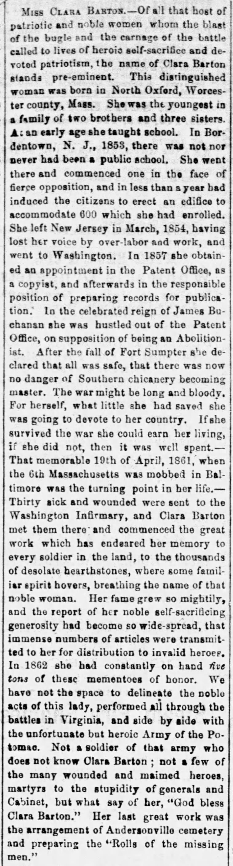 Editorial summary of the life and work of "Miss Clara Barton" as shared in 1867