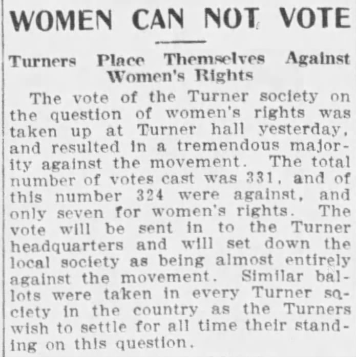 Majority at Turner Society meeting vote against women’s rights movement in 1906