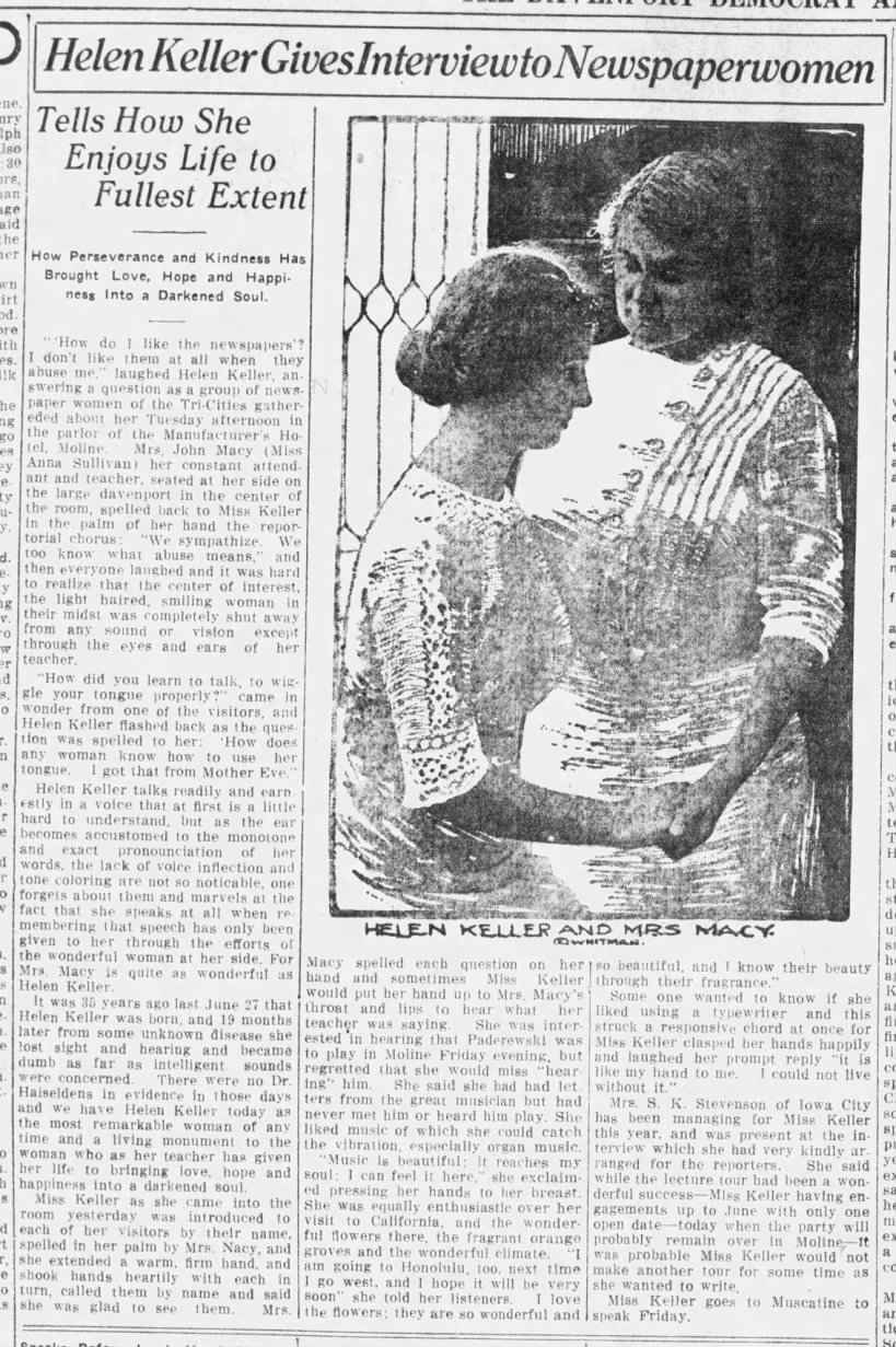 "Helen Keller Gives Interview to Newspaperwomen; Tells How She Enjoys Life to Fullest Extent"
