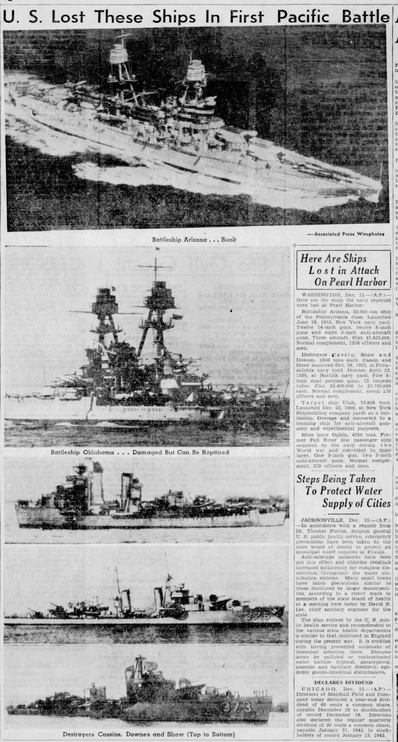 "U.S. Lost These Ships" article with photos of U.S. ships at Pearl Harbor during attack, 1941