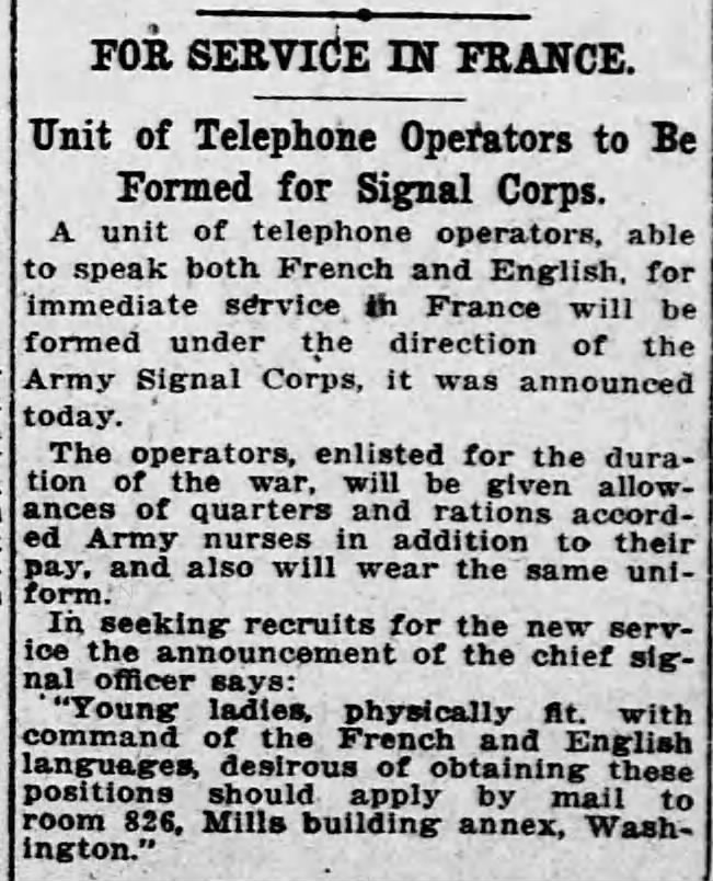 Announcement that unit of telephone operators will be formed for U.S. Army Signal Corps