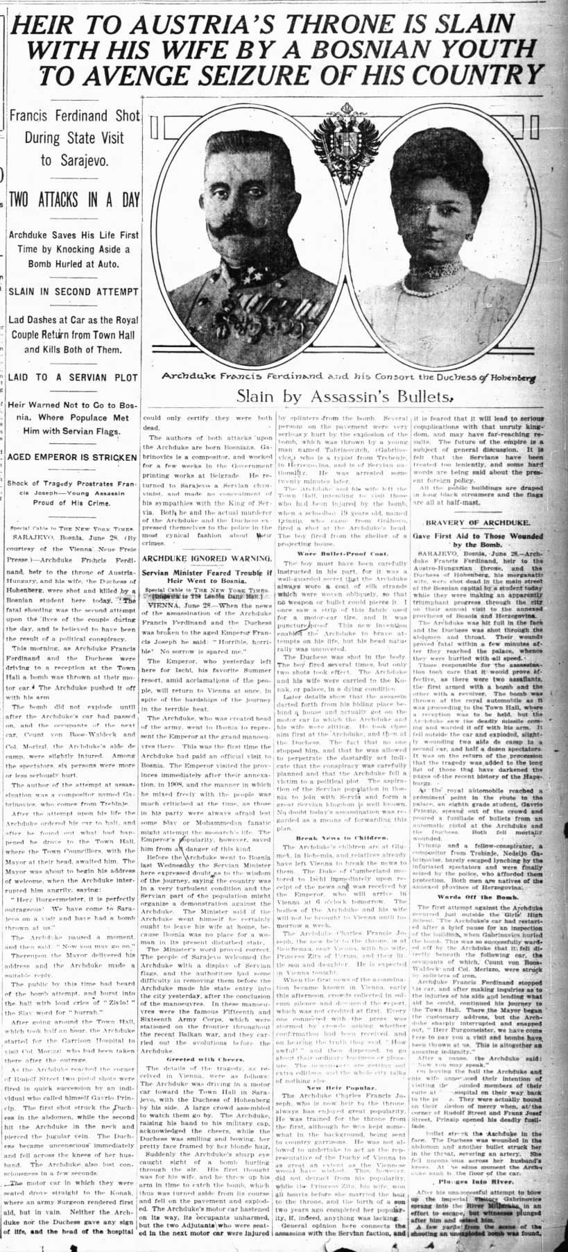 New York Times headlines about the shooting of Franz (Francis) Ferdinand and his wife in Sarajevo