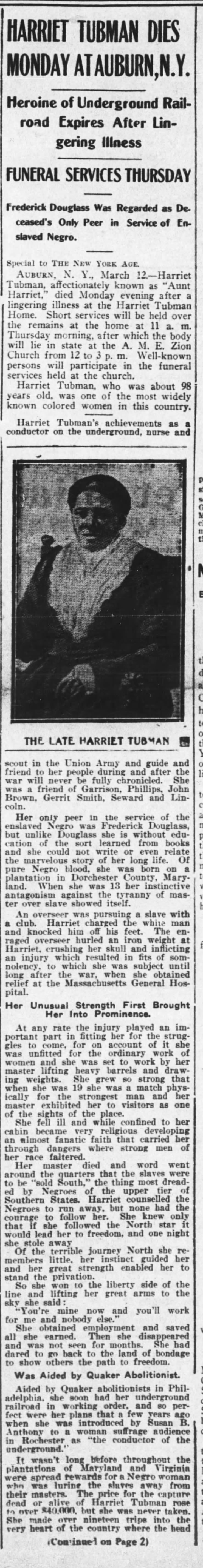Obituary for Harriet Tubman published in the New York Age