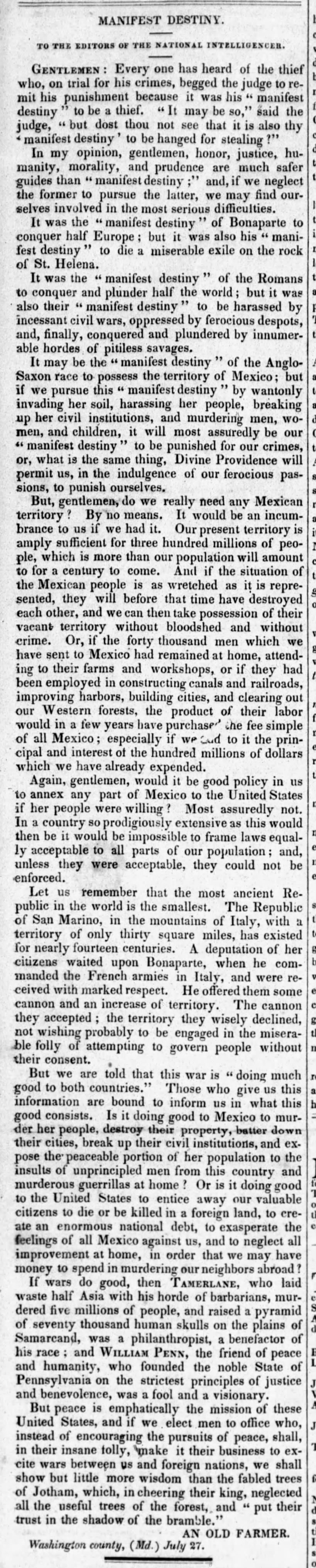 Newspaper letter to the editor arguing against Manifest Destiny and the Mexican-American War
