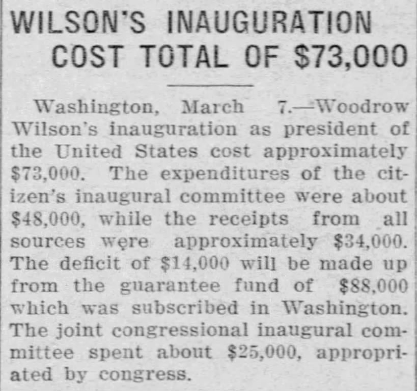Woodrow Wilson’s 1913 presidential inauguration cost a total of $73,000