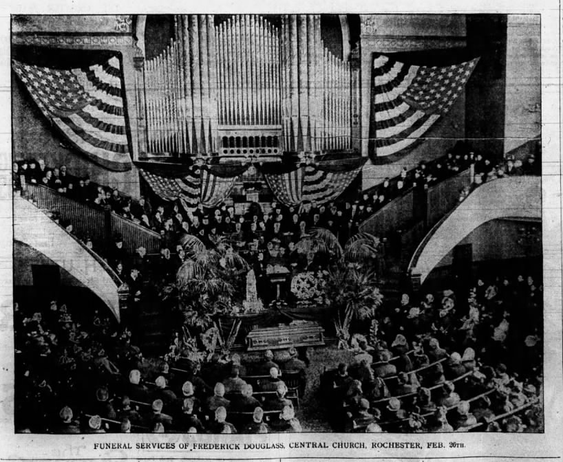 Newspaper picture of funeral services for Frederick Douglass in Rochester, New York, in 1895