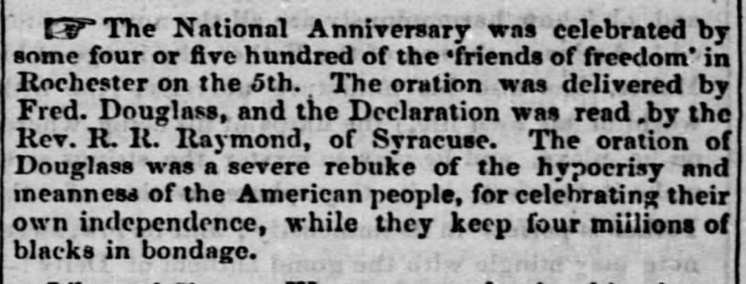 Newspaper mention of Frederick Douglass' Independence Day speech given July 5, 1852