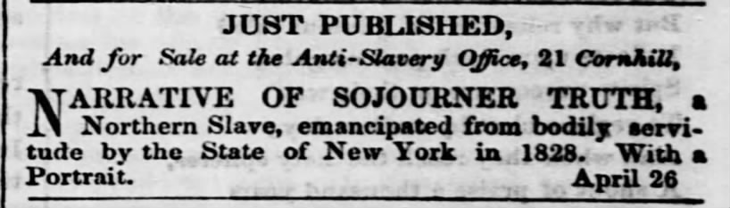 1850 newspaper ad for autobiography "Narrative of Sojourner Truth"