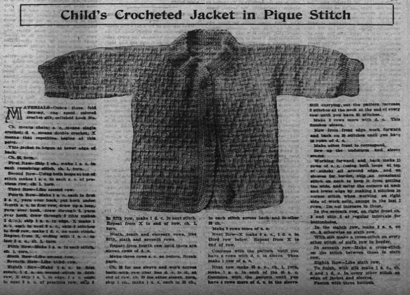 "Child's crocheted jacket in pique stitch" pattern (1913)
