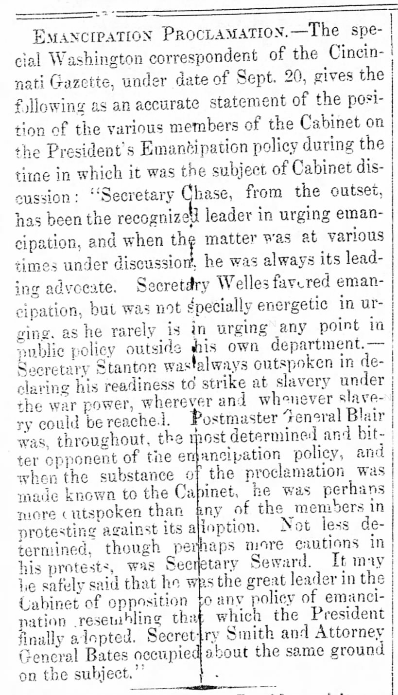 Article reports stances of various members of Lincoln's Cabinet on the Emancipation Proclamation