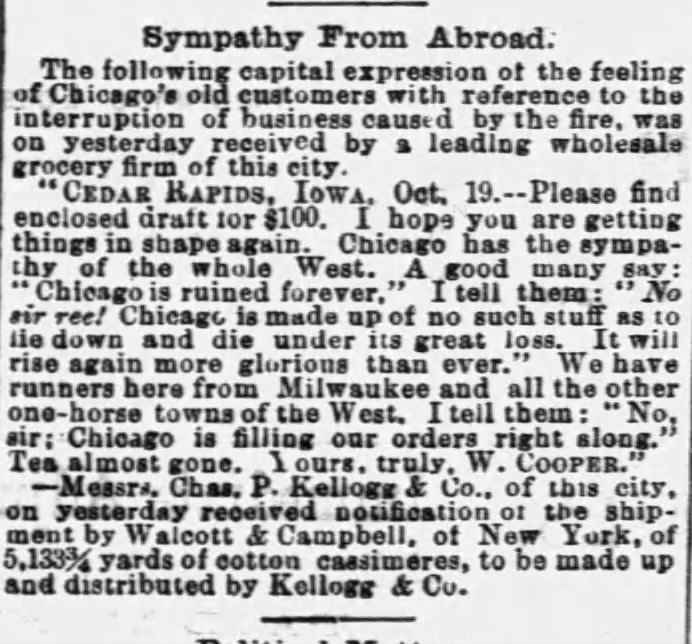 An expression of sympathy from an Iowa business, published in the wake of the Great Chicago Fire