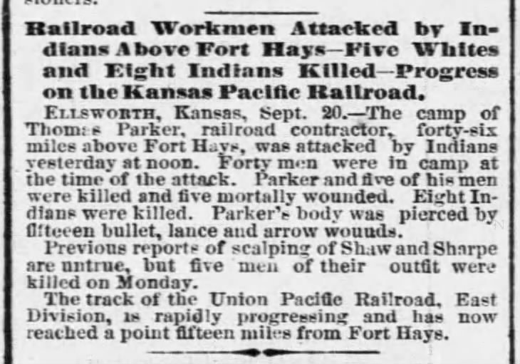 Transcontinental Railroad workers attacked by Native Americans in Kansas, 1867