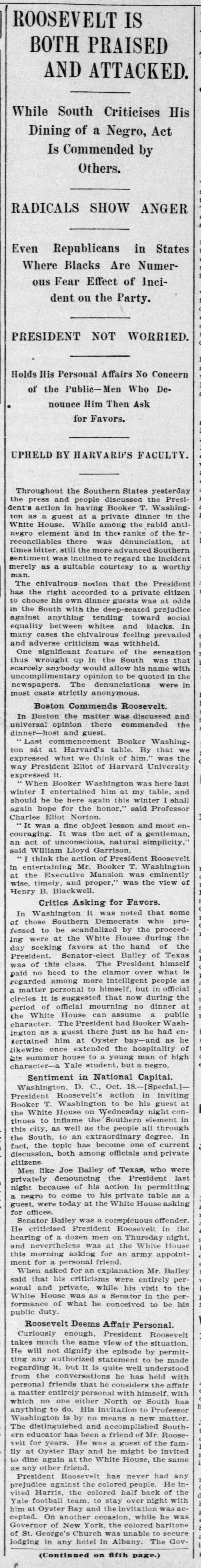 Summary of different reactions to Booker T. Washington's 1901 dinner with Pres. Theodore Roosevelt