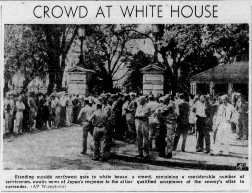 Image of crowd gathered at the White House to wait for announcement of Japan's surrender