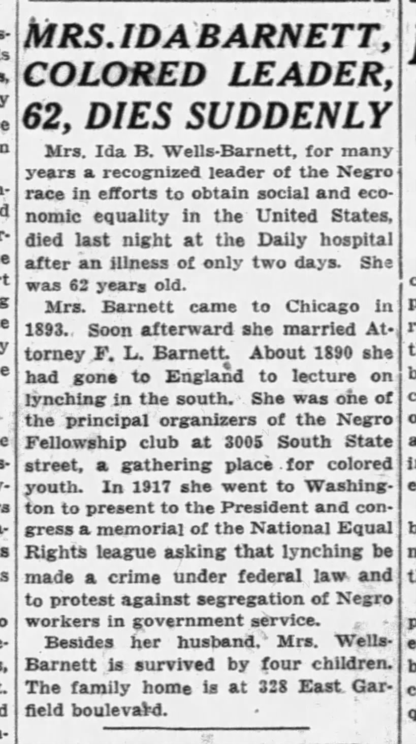 Chicago Tribune obituary for Ida Wells-Barnett, 1931