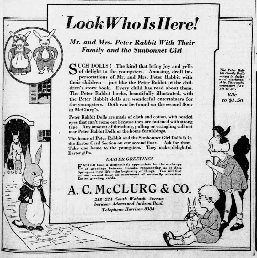 Ad for cloth and cotton Peter Rabbit dolls, just like "in the children's story book," from 1919