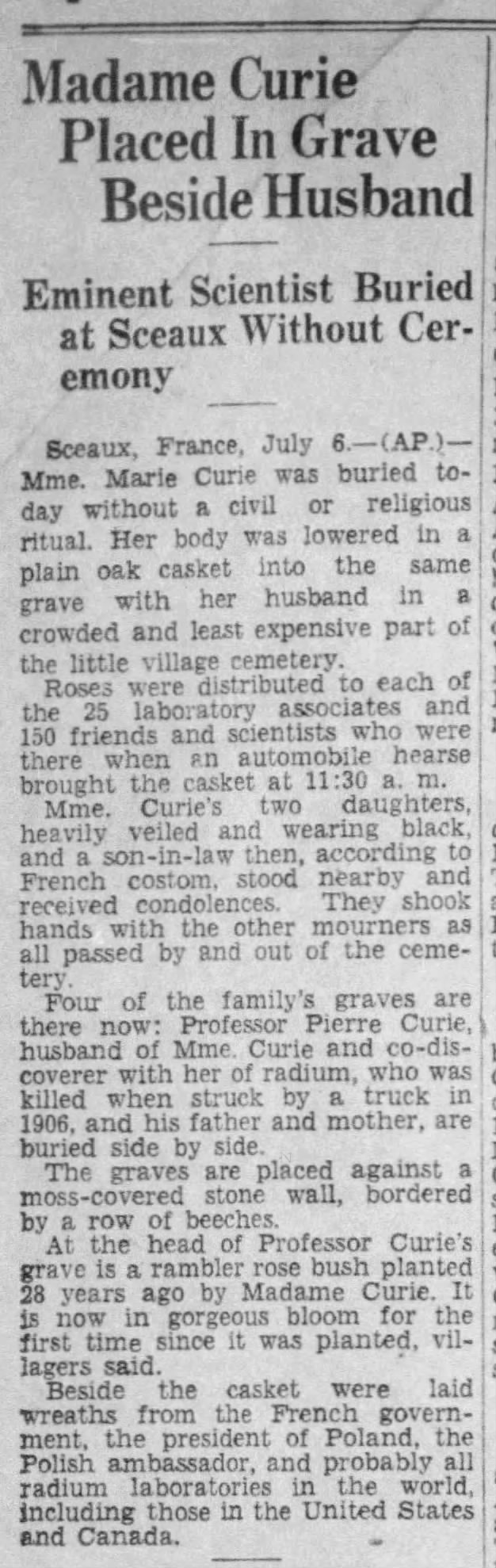 Newspaper account of Marie Curie's funeral in July 1934