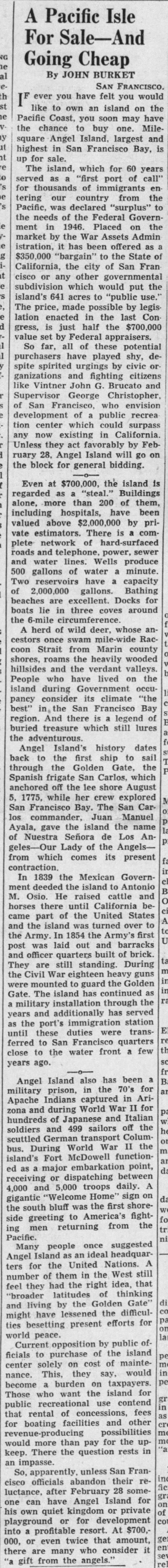 After immigration station closes, Angel Island goes up for sale, 1949