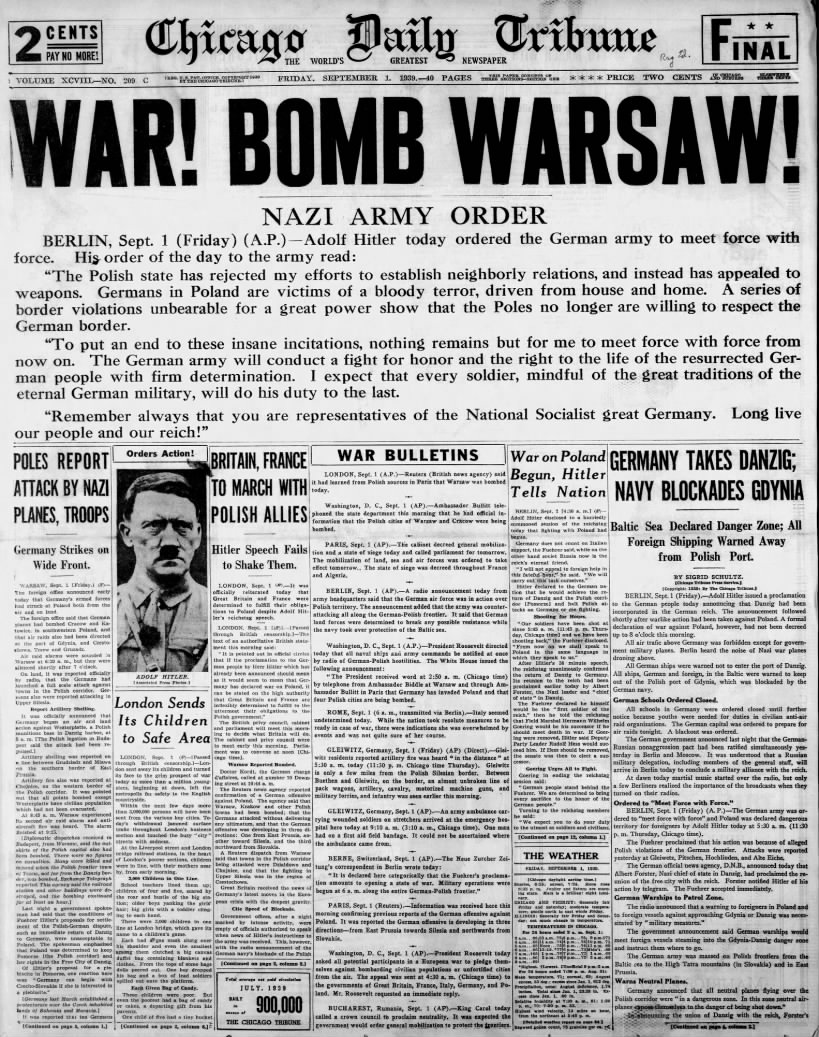 Sep. 1, 1939: Chicago Daily Tribune front page on the day Germany invades Poland, starting WWII