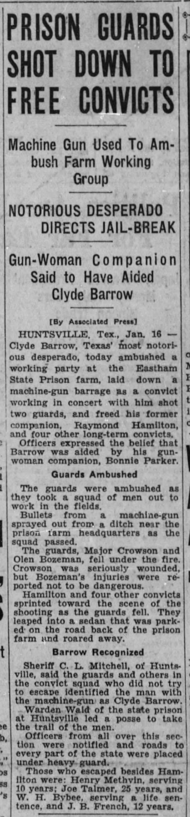 Account of Clyde Barrow's involvement in the Eastham Prison Farm breakout
