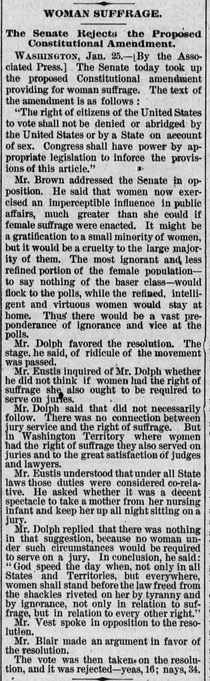 U.S. Senate rejects proposed federal women's suffrage amendment in 1887