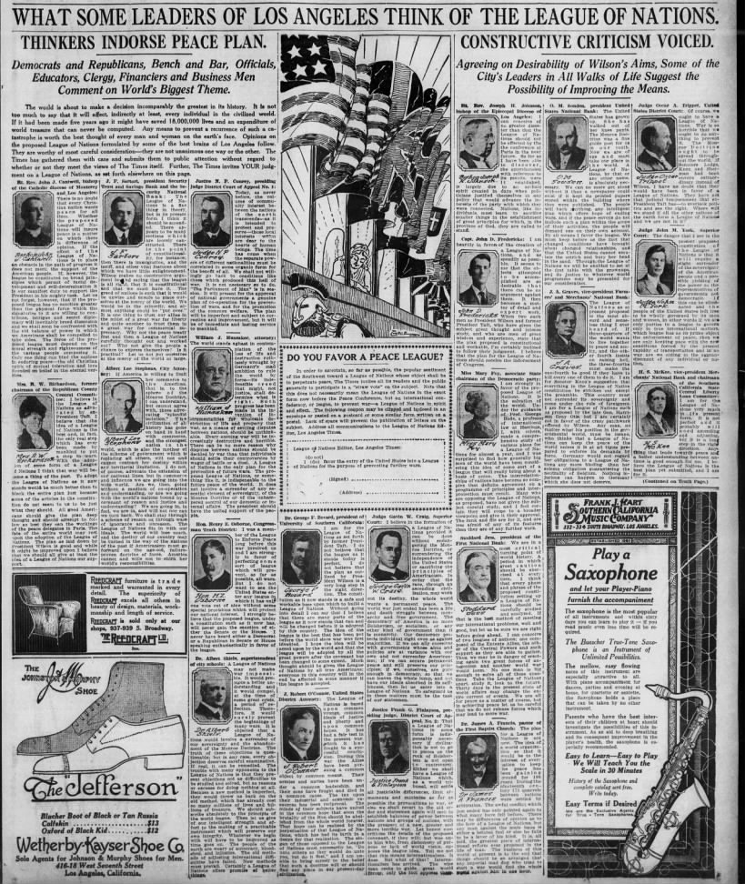 Brief arguments for and against the League of Nations from California newspaper, 1919