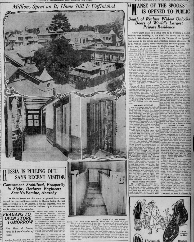 "'Manse of the Spooks' Is Opened to Public"; "Death of Recluse Widow Unlocks Doors" (with photos)