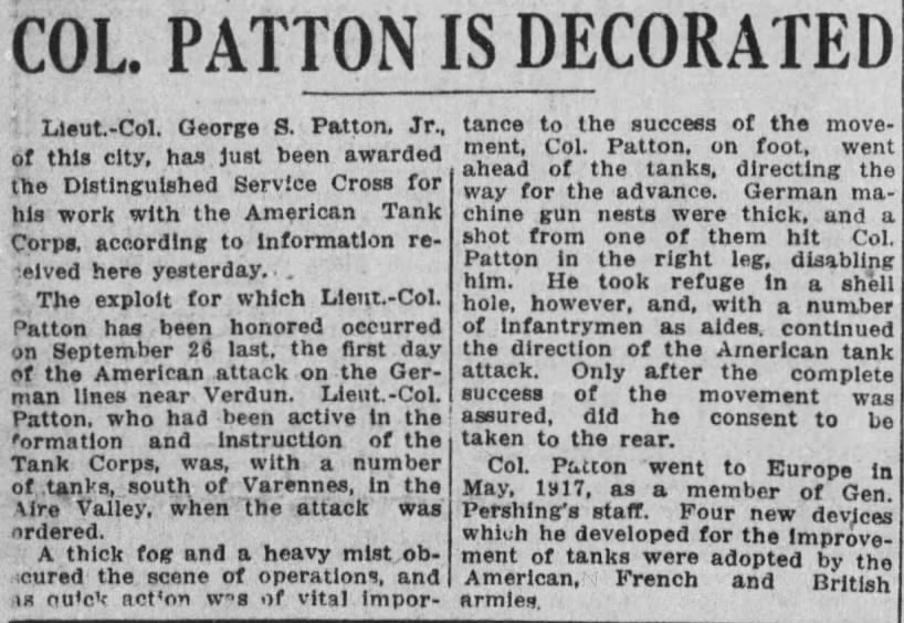 George Patton is awarded the Distinguished Service Cross for his actions in 1918 during WWI