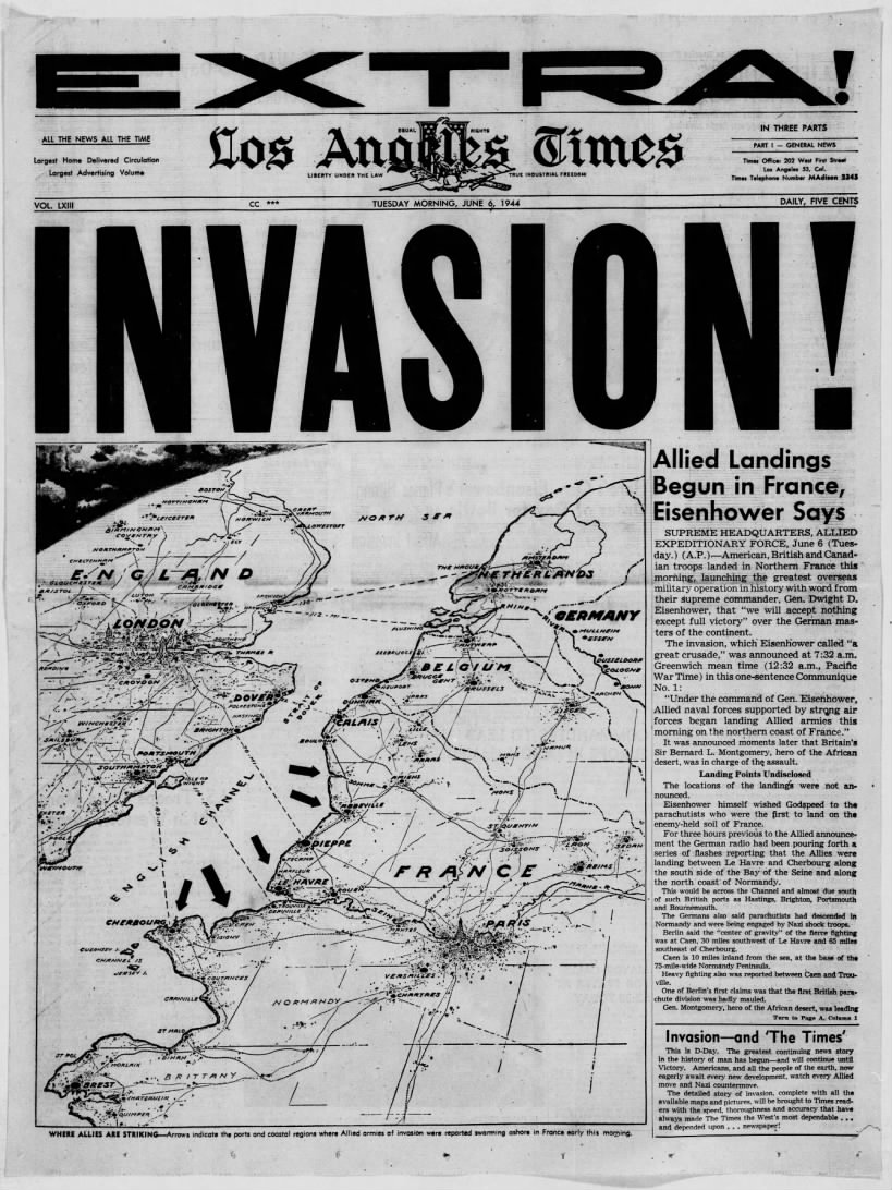 United States newspaper front page about the Allied D-Day invasion of France (including map)