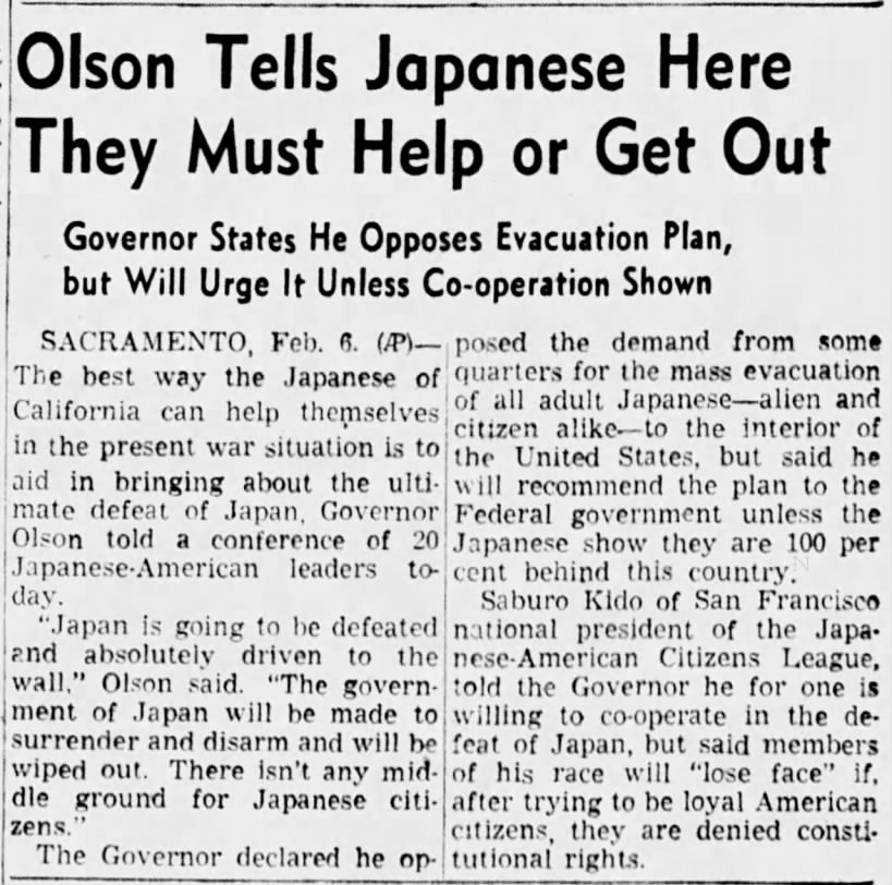 California governor opposes relocation of Japanese Americans but says they must help defeat Japan