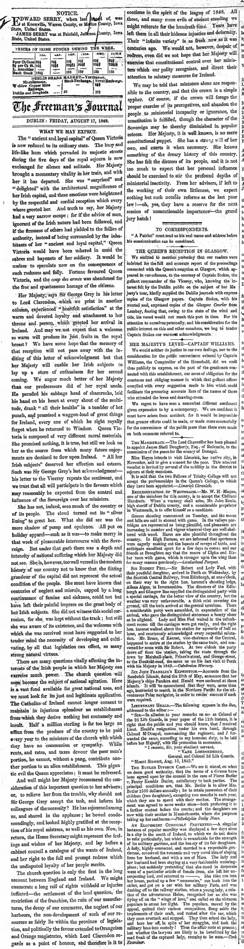 Editorial in Irish newspaper about Queen Victoria's visit to Ireland in 1849