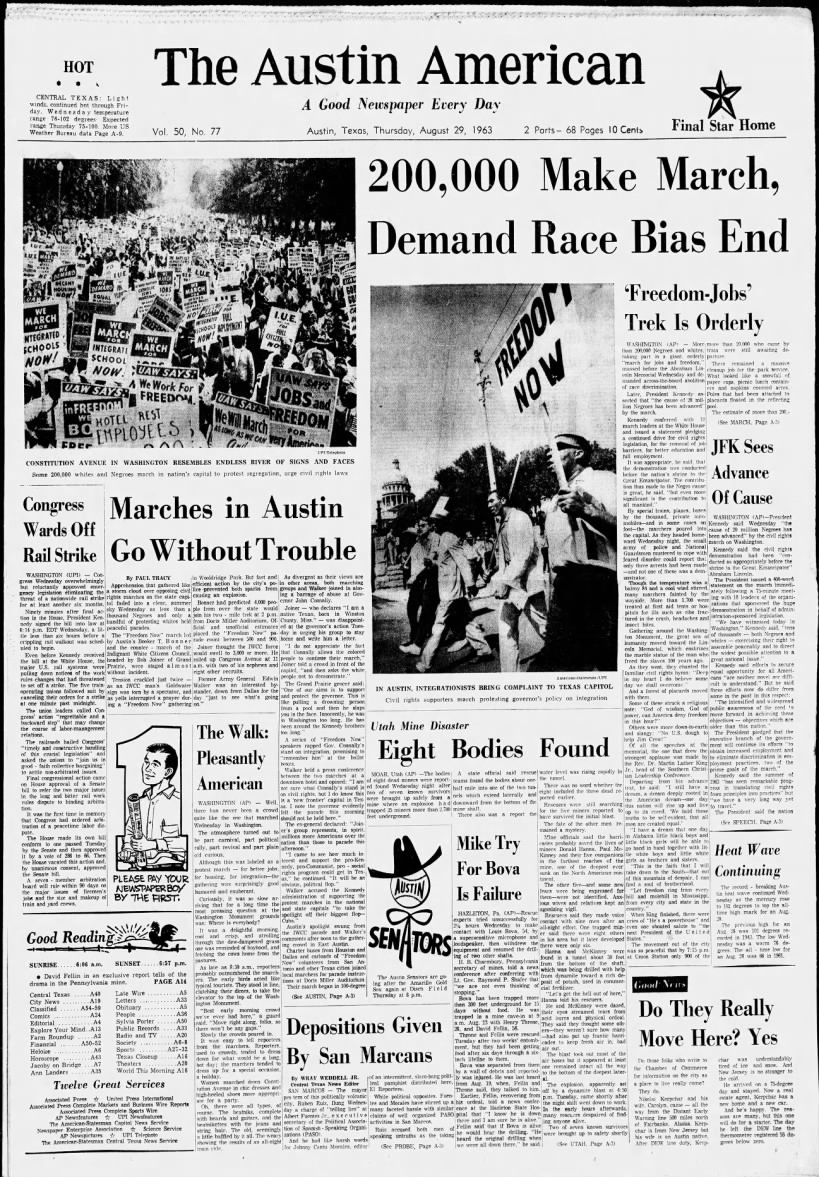 Texas newspaper headlines about the March on Washington; Also, news of local civil rights march