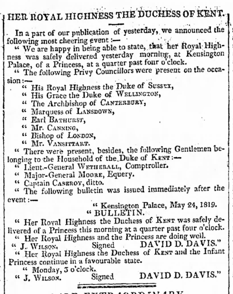 Newspaper announcement of the birth of Princess Victoria to the Duke and Duchess of Kent