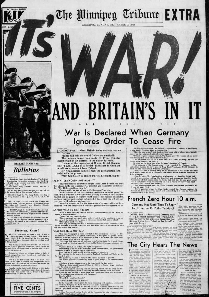 Britain declares war on Germany; France will soon follow