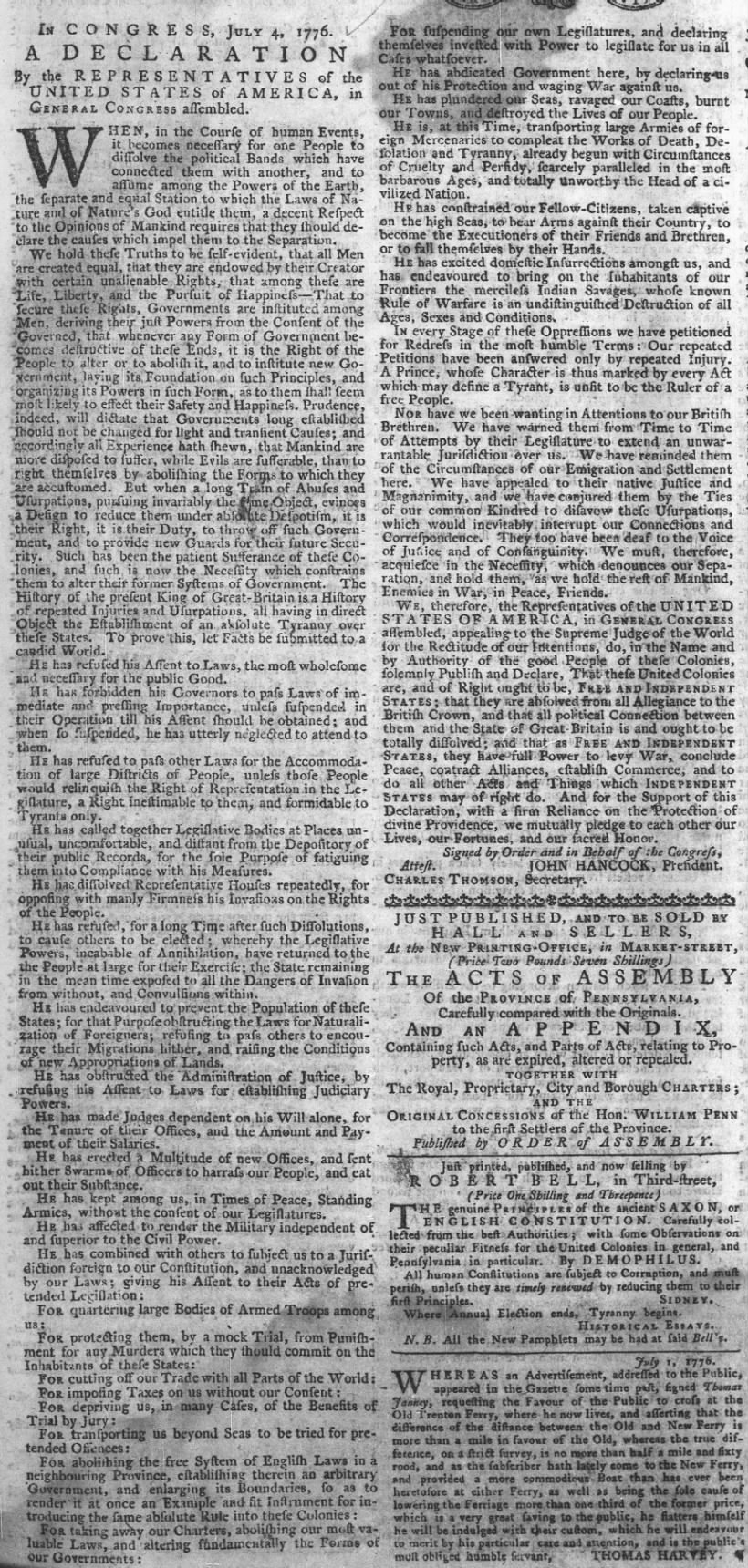 Copy of the Declaration of Independence printed in a Pennsylvania newspaper in July 1776