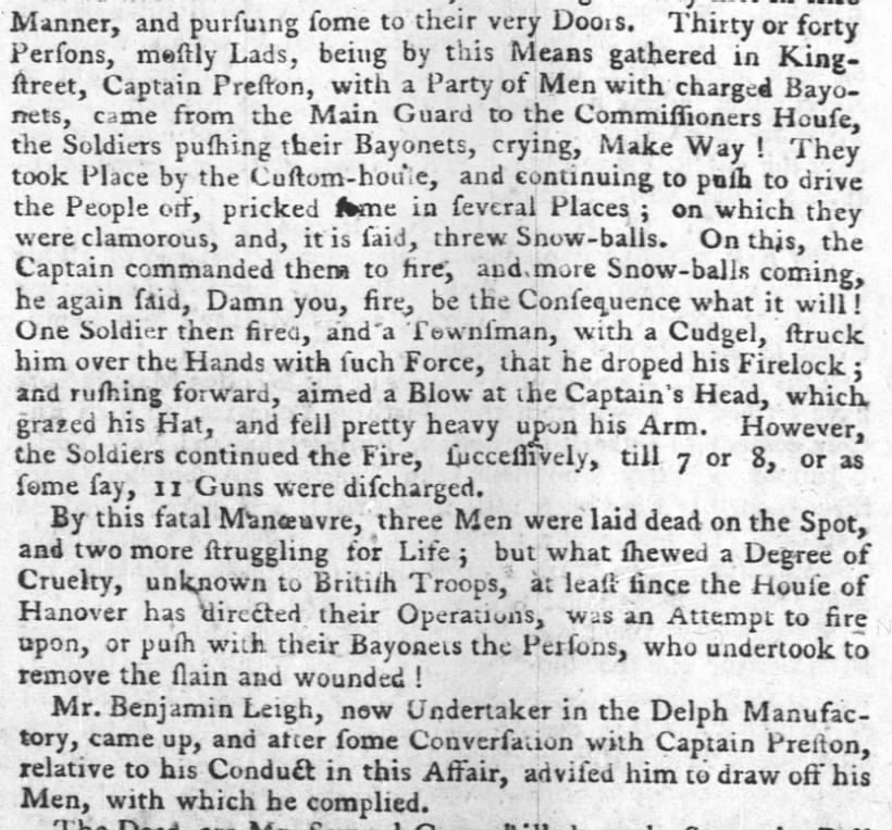 Editorial summary of massacre in King Street between Preston and British soldiers, and colonists