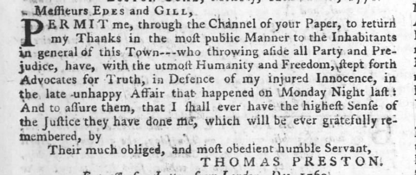 Note from Thomas Preston thanks Boston inhabitants for defending him following massacre incident