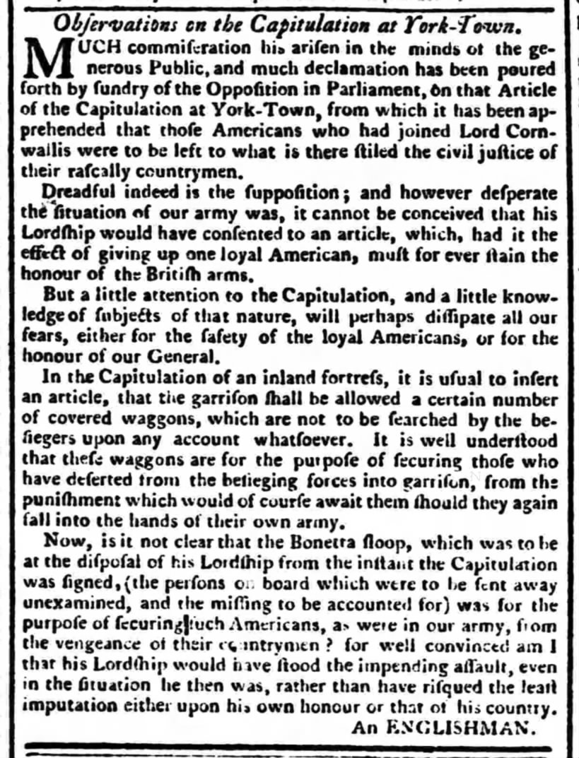 "An Englishman" writes in the newspaper about his "observations on the capitulation at York-Town"