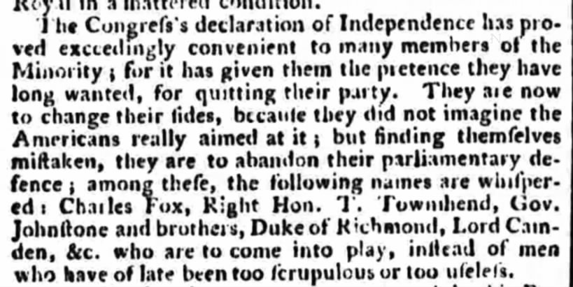 British newspaper reports that Declaration of Independence is affecting British politics