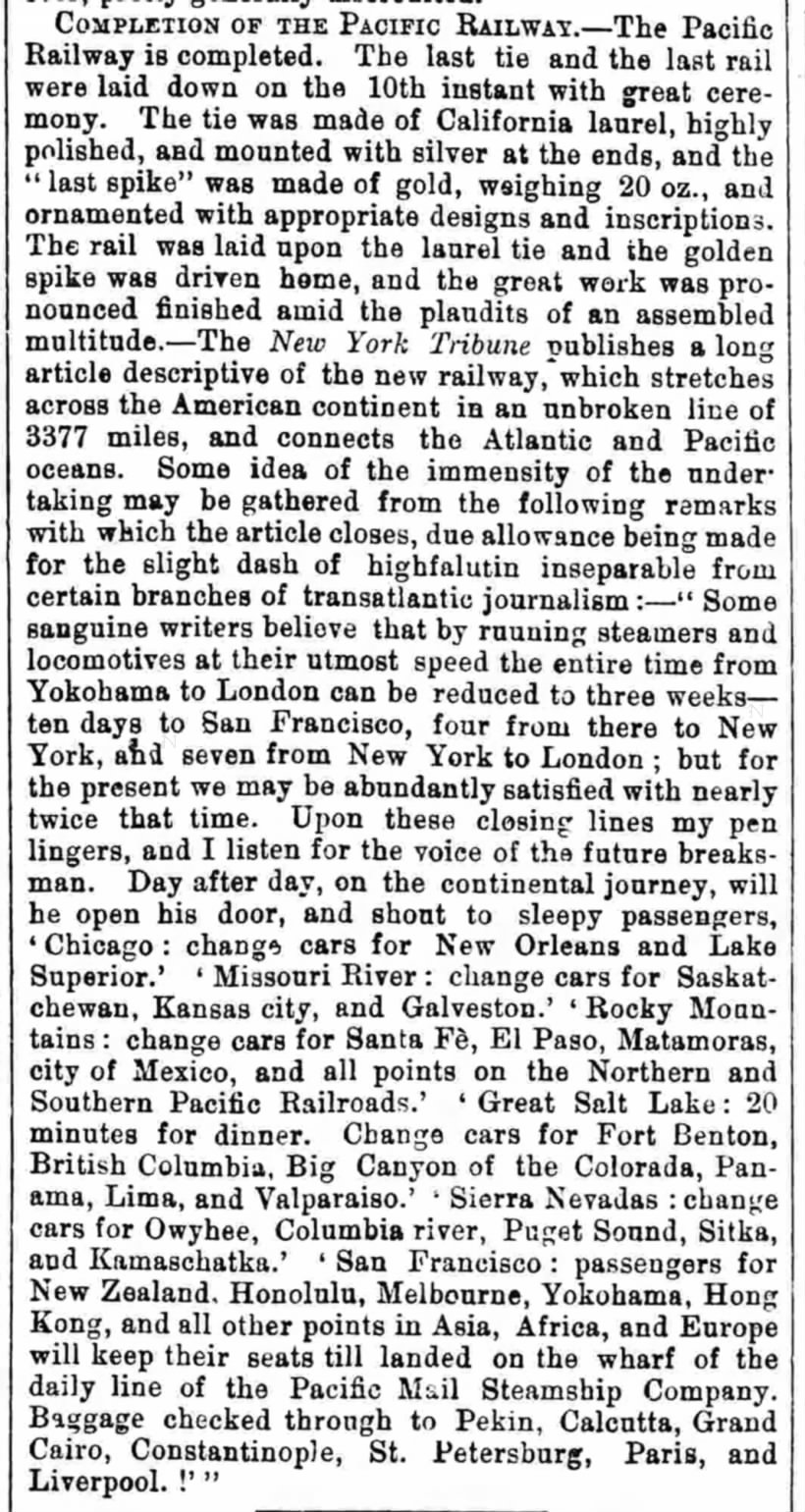 British newspaper carries news that the building of the Transcontinental Railroad is finished