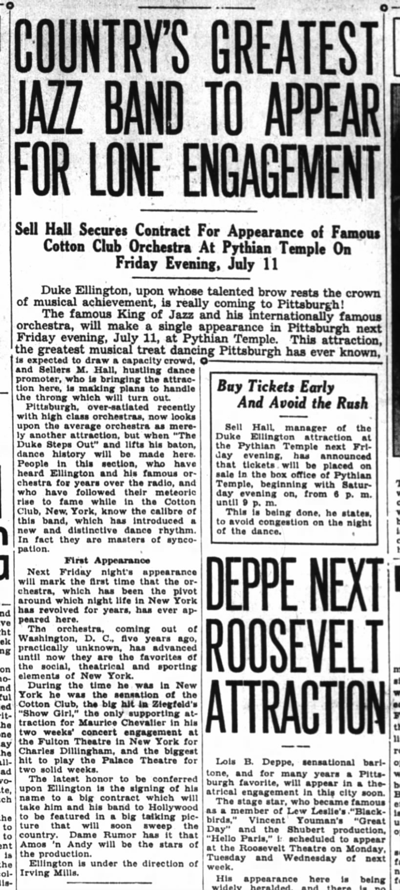 1930 announcement that Duke Ellington (the King of Jazz) and his orchestra are coming to Pittsburgh